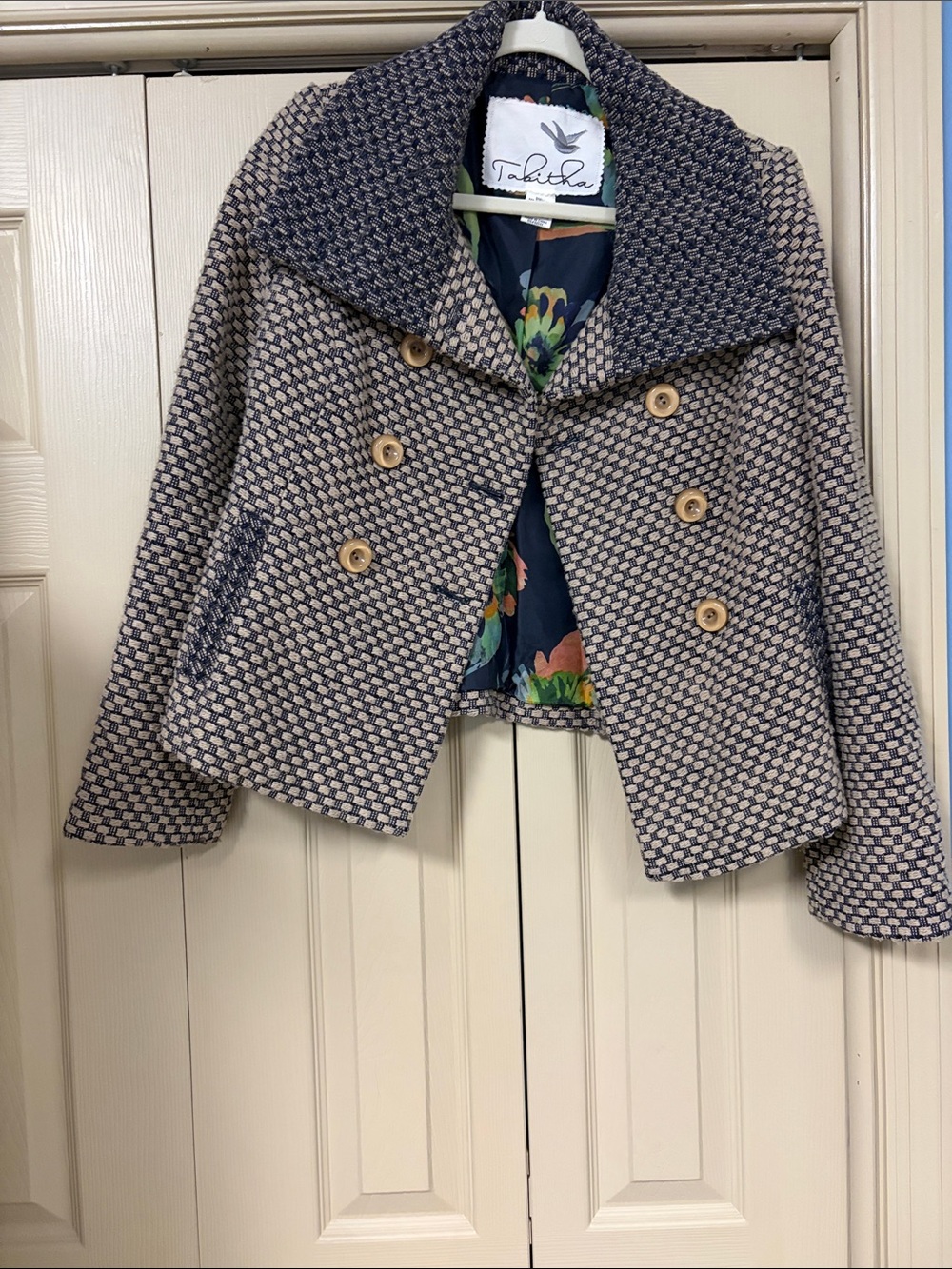 Tabitha Navy and Cream Textured Double-Breasted Pea Coat